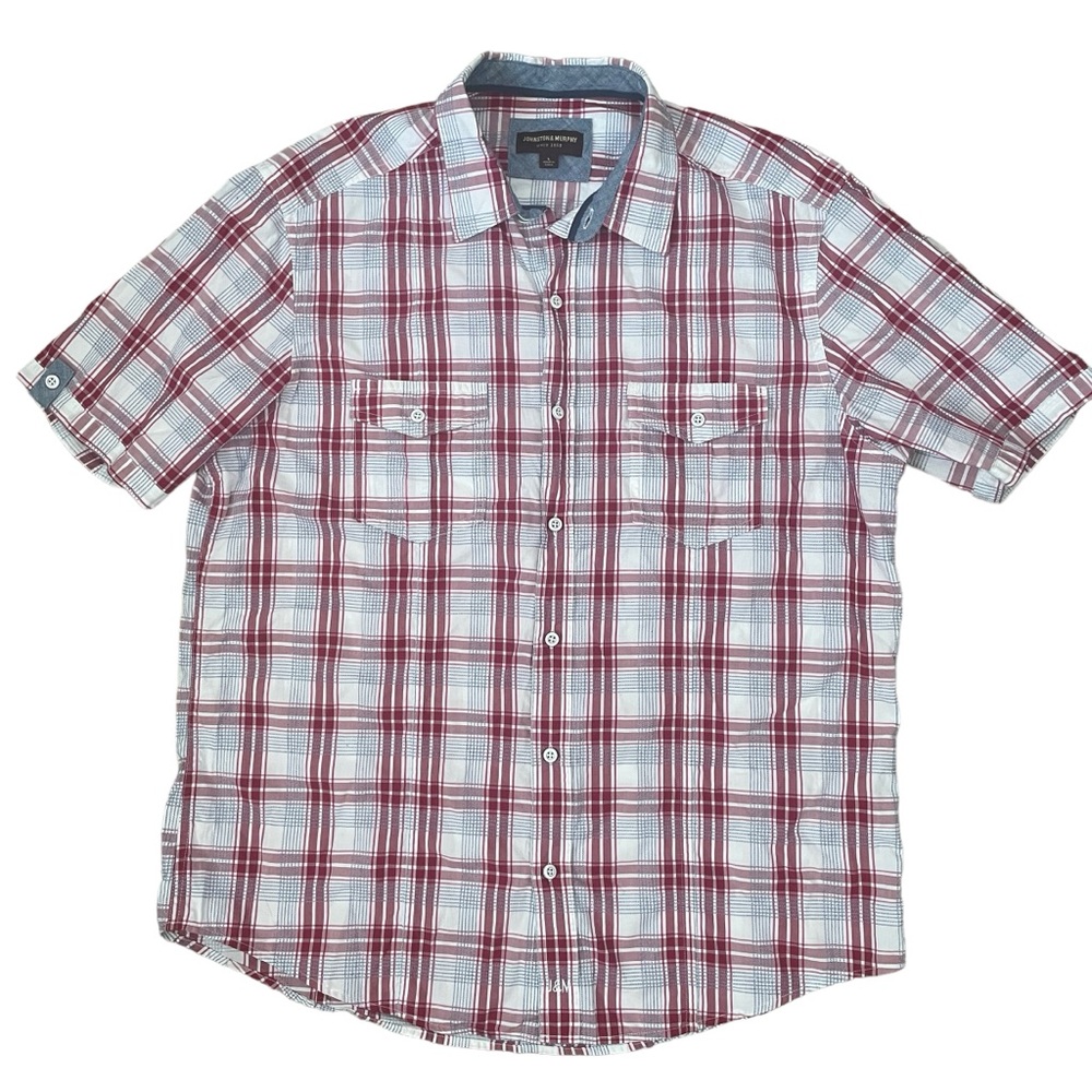 Johnson & Murphy Short Sleeve Botton Up Summer Cotton Shirt Blue and Red Picnic